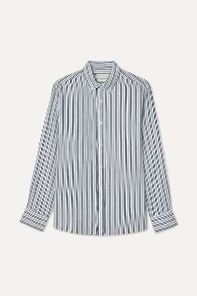 Mudo Men's White Striped Regular Fit Lyocell Blend Long Sleeve Shirt