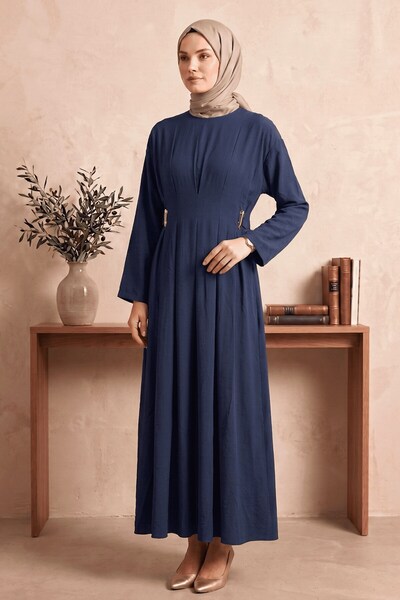 hadiora Women's Navy Blue Modal Fabric Side Buckle Detailed Pleated Long Hija...