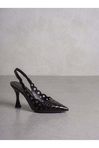 Güllü Shoes Black Crinkled Patent Leather Pointed Toe Slingback Heeled Shoes ...