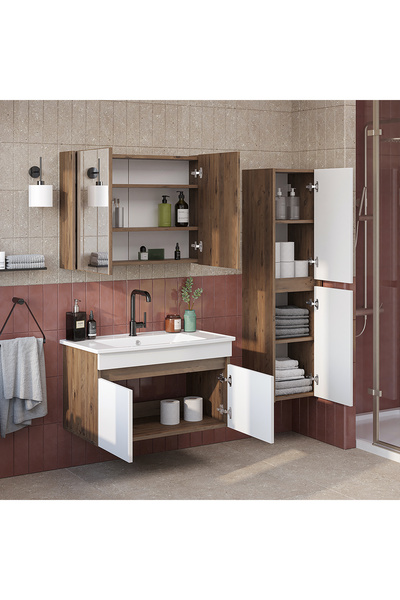 ROOMART '' Lavabolu '' Mat Mdf 80 Cm Banyo Alt Dolabı + Aynalı Üst Dolabı + Banyo Boy Dolabı , Banyo Dolabı Seti