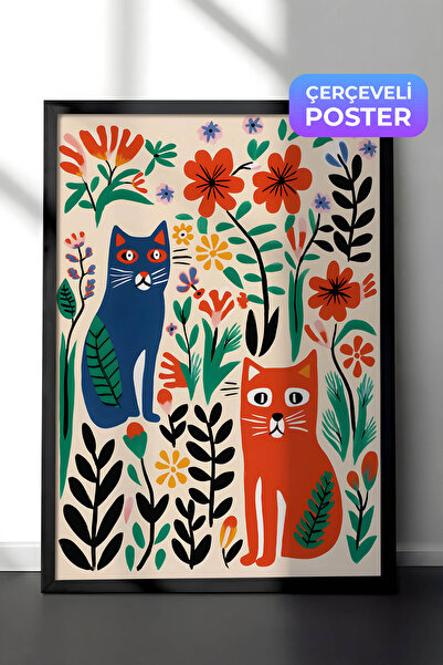 Zestia Black Framed Naive Art Wall Painting, Two Cats in a Flower Garden, Fol...