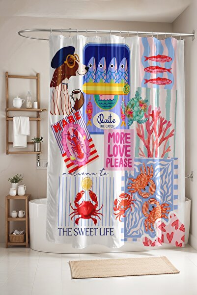 EVPANYA Dog and Seafood Patterned Shower Curtain, Bathtub Curtain 175X200Cm