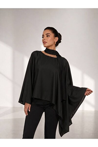 MAESTRO WOMAN Women's Black Satin Scarf Draped Asymmetrical Cape Blouse