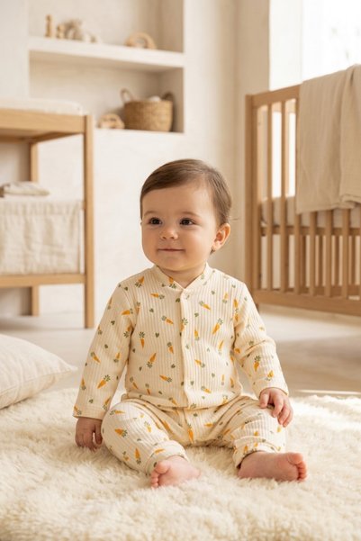 BABYİLAY بيجامة وبدلة يومية من القطن المضلع بنقشة الجزر للجنسين مع أزرار أمامية