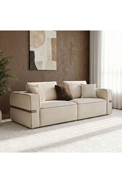 Danube Home Madelle 3 Seater Fabric Sofa Beige/Brown, Furniture Piece For Liv...