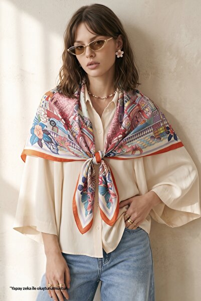 InStyle Patterned Orange - Blue Soft Scarf 90X90