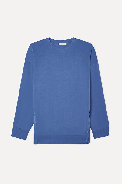 Mudo Women's Blue Loose Fit Modal Blend Crew Neck Sweatshirt