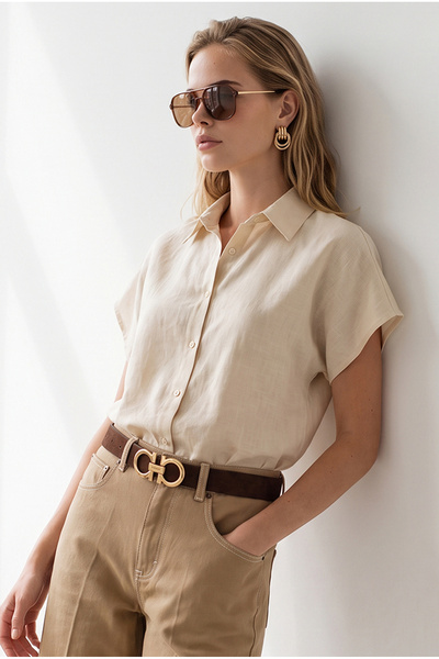Olalook Women's Beige Bat Oversize Linen Shirt Gml-19001109