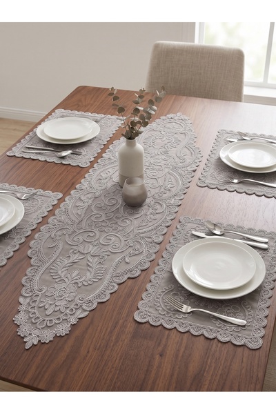 ELİTE COLLECTİON Set of 5 Embroidered Gray Lace Runner Vintage Style Premium ...
