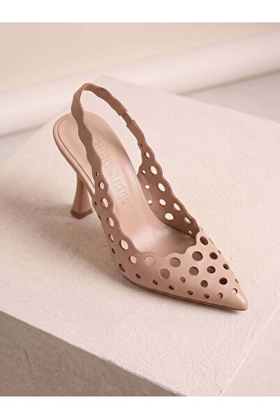Güllü Shoes Beige Matte Pointed Toe Slingback Heeled Shoes Perforated Laser C...