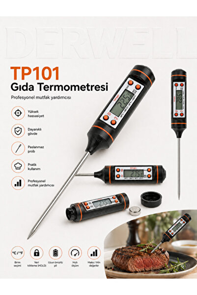 Derwell TP101 Dijital Mutfak Gıda Termometresi Paslanmaz Problu Hassas Et Süt...