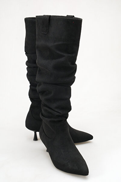 MALENTA Women's Black Suede Pointed Toe Thin Heeled Bellows Zipperless Boots ...