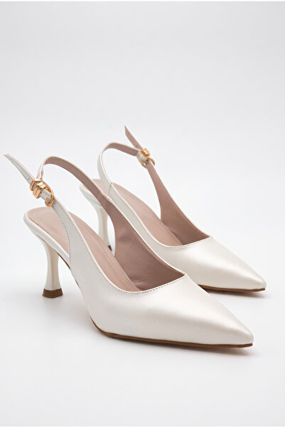 Shoesers Women's White Design Elastic Band Pointed Toe Thin Casual Heeled Sho...