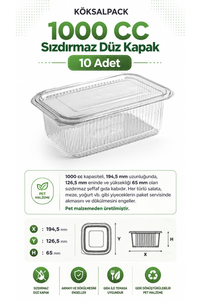 Köksal Pack 10 Pcs 1000 Cc Leak-Proof Flat Lid Transparent Pet Food Container...