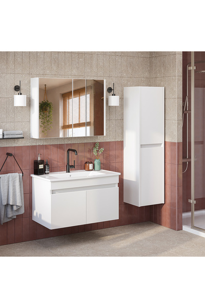 ROOMART '' Lavabolu '' Mat Mdf 80 Cm Banyo Alt Dolabı + Aynalı Üst Dolabı + Banyo Boy Dolabı , Banyo Dolabı Seti