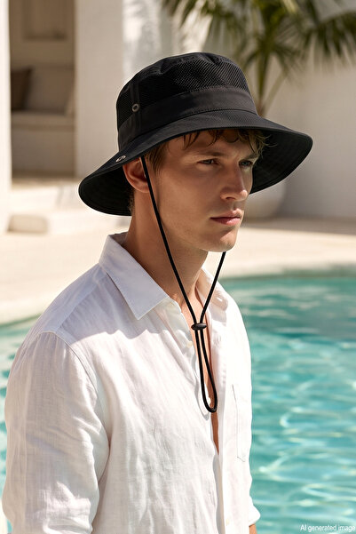 REMSA Men's Mesh Detailed Tie-Up Bucket Hat 05 Black