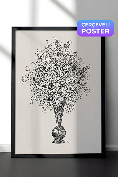Zestia Pictură murală cu artă liniară în cadru negru, ilustrație cu buchet de...