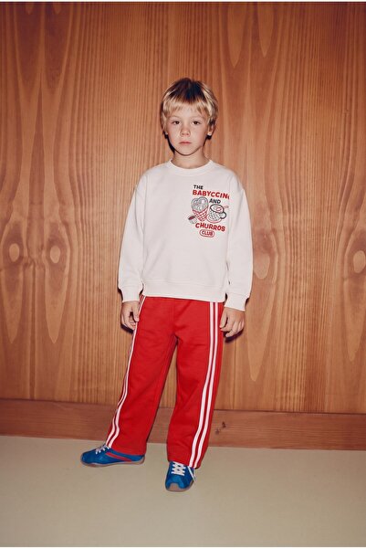 Magu Children's Cotton Printed Ecru Sweatshirt and Red Striped Pants Set