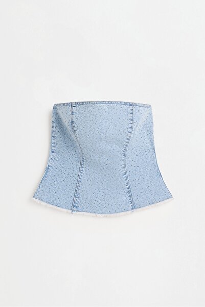 LEFTIES Taş detaylı denim bandeau top