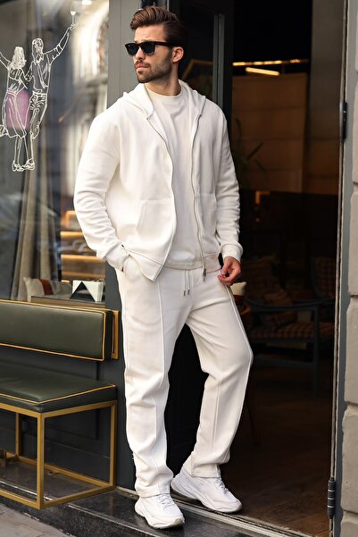 Madmext Ecru Double Zipper Hooded Men's Tracksuit Set E7371
