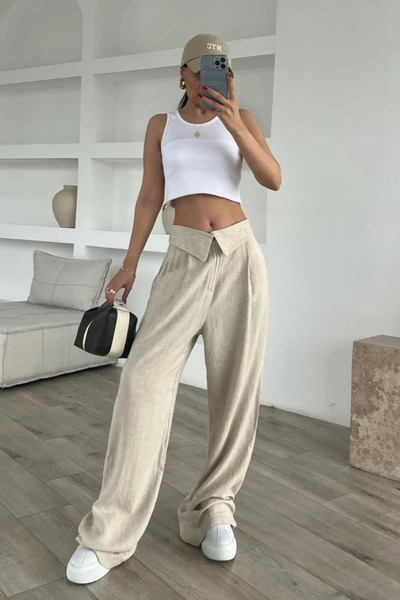 My Blog Natural Waist Detailed Wide Leg Linen Trousers - 23Y71123
