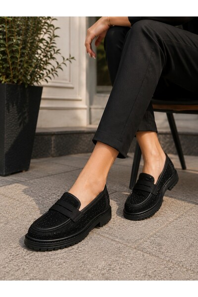 Zenora Shoes Kadın Tokalı Loafer Makosen Siyah Taşlı Kalın Tabanlı Ayakkabı