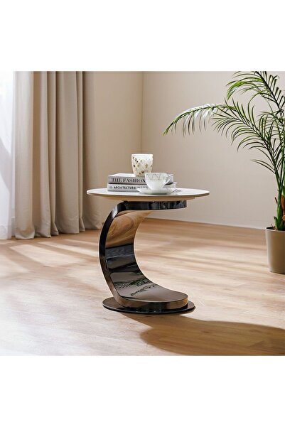 Danube Home Princetown Sintered Stone Top Round End Table White/Black Titaniu...
