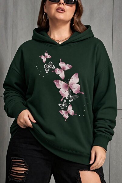 Oksit Sw Butterfly Printed Women's Large Size Oversized Hooded Two-Thread Cot...