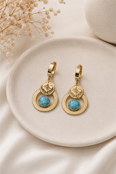 Archhazel Jewelery Ottoman Tughra Turquoise Stone Steel Earrings