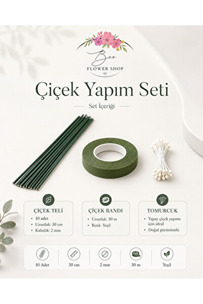 Bee Flower Shop Çiçek Yapım Seti 10 Adet 30 cm Çiçek Teli + 30 m Yeşil Bant +...