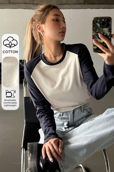 Tarz Cool Women's Crew Neck Color Block Long Sleeve Slim Fit Cotton T-Shirt