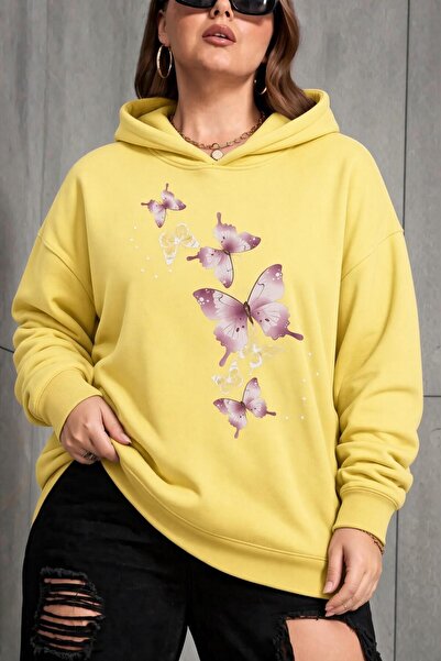 Oksit Sw Butterfly Printed Women's Large Size Oversized Hooded Two-Thread Cot...