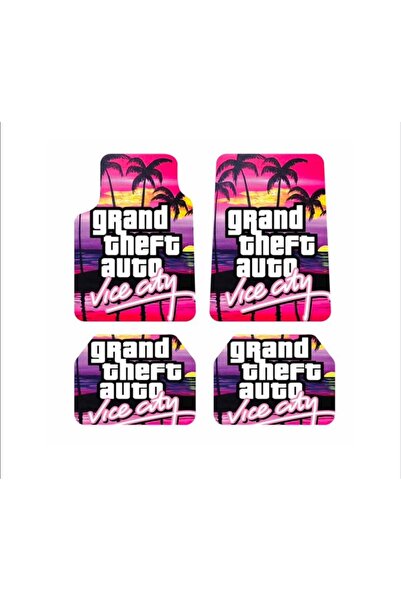 Vice City Tasarımlı Neon Pembe Palmiyeli Oto Paspas Takımı 4 Parça Universal Evrensel Araç Paspas Seti