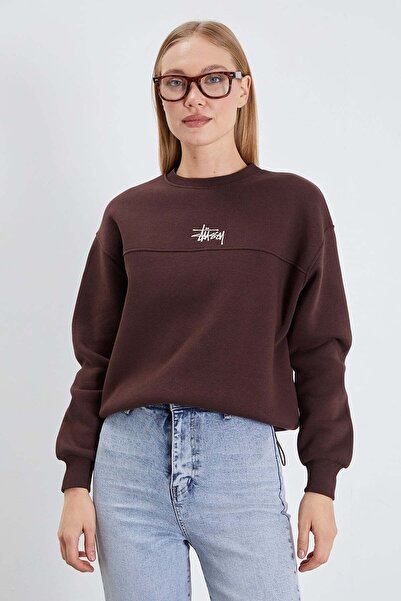 Fulla Moda 3 Thread Signature Embroidered Oversize Sweatshirt with Stopper