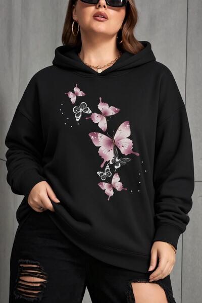 Oksit Sw Butterfly Printed Women's Large Size Oversized Hooded Two-Thread Cot...