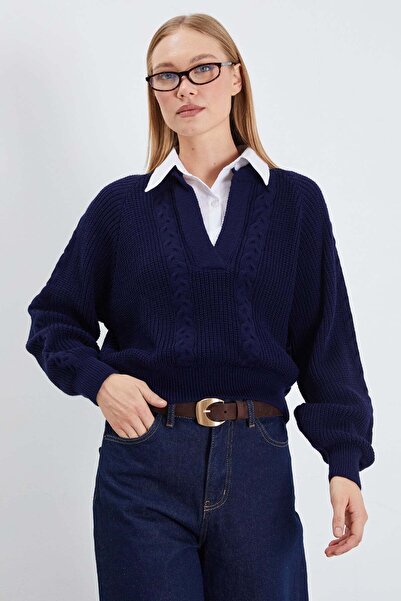 Fulla Moda Hair Braid Patterned Shirt Collar Knitwear Sweater