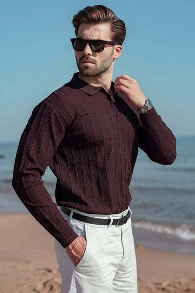Madmext Plum Polo Collar Knitted Patterned Knitwear Men's Sweater E7507