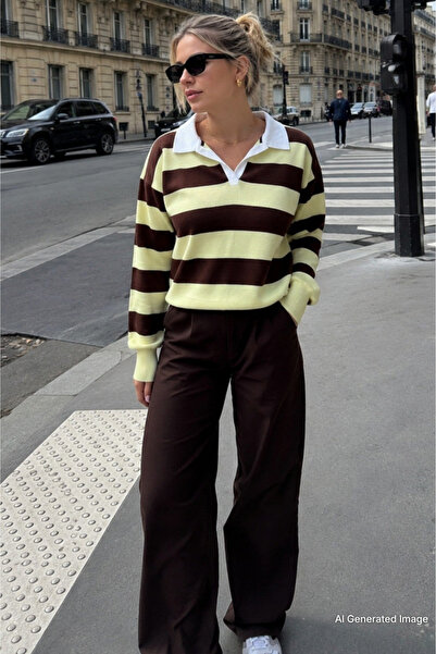 Madmext Yellow Striped Polo Collar Women's Sweater Mg2882
