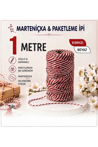 Jasminya 1 Metre Beyaz Kırmızı İki Renkli Marteniçka- Paketleme- Süsleme İpi detaylar açıklamada