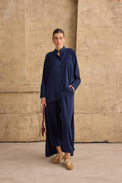 FLOWERİNG Women's Navy Blue Loose Pants with Long Backed Shirt Two-Piece Set