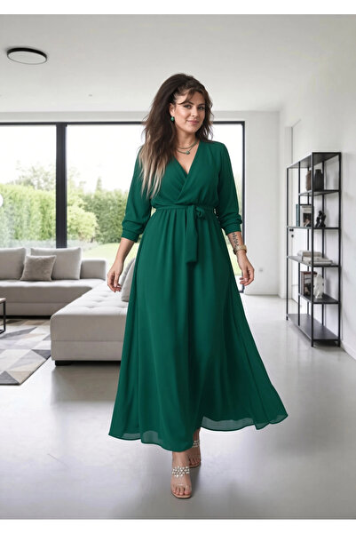 AZRA BUTİK Μακρύ ίσιο φόρεμα σιφόν με φόδρα σμαραγδί