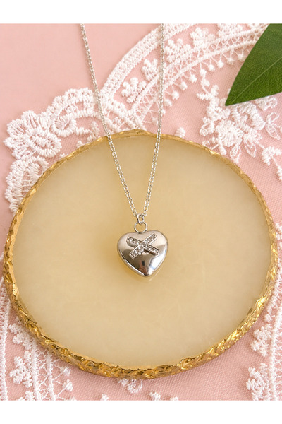 FLAWSOME JEWELRY STORE Heart Shaped Zircon Stone Minimal Necklace Steel Tarni...