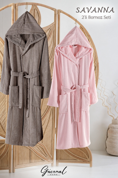 Güvenal Savanna |   Set of 2 Cotton Unisex Velvet Hooded Bathrobes |   Ultra ...