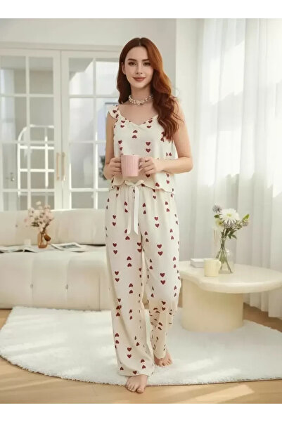 Mariposa Secret Women's Ecru Red Heart Patterned Long Pajama Set Soft Cotton ...