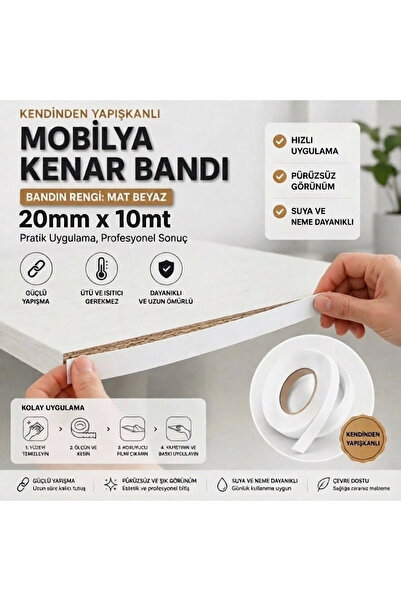 KarapolatYapı Kendinden Yapışkanlı Mobilya Kenar Bandı Mat Beyaz 20mmx10mt