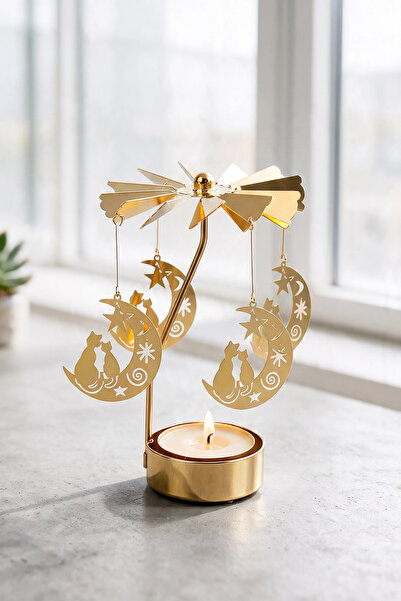 PRİME HOME Isı İle Dönen Kedi/Ay Figürlü Mumluk (Gold/Altın)