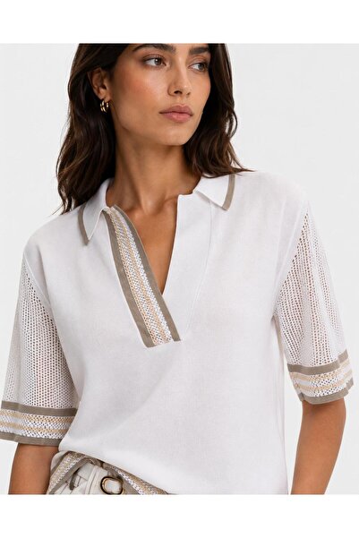 Mİ TİA ATELİER Women's White Polo Collar Knit Sweater Mta023