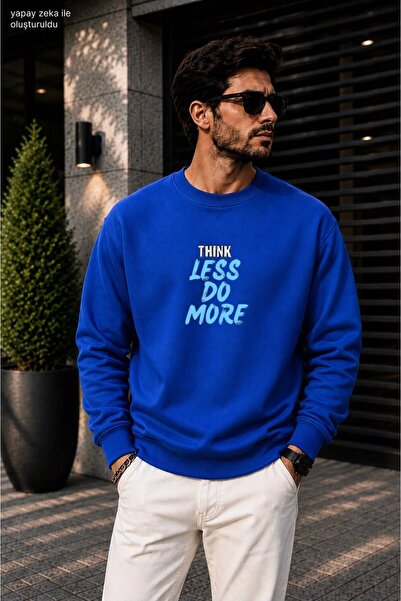 caddekombin Men's Think Less Do More Printed Round Neck Cotton Casual Sweatshirt