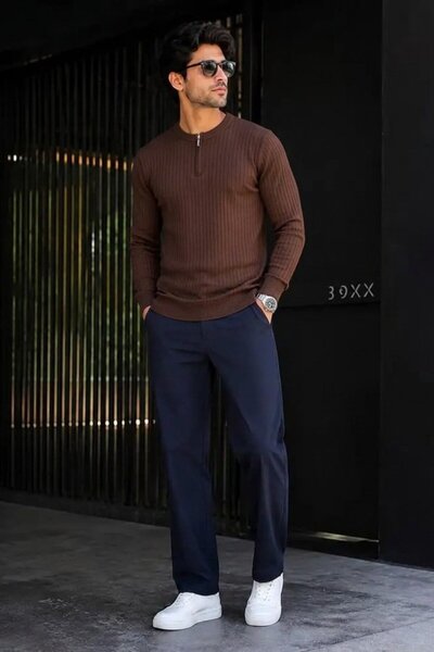 DAMGA JEANS Pulover de iarnă maro cu dungi, tricotaje premium pentru bărbați
