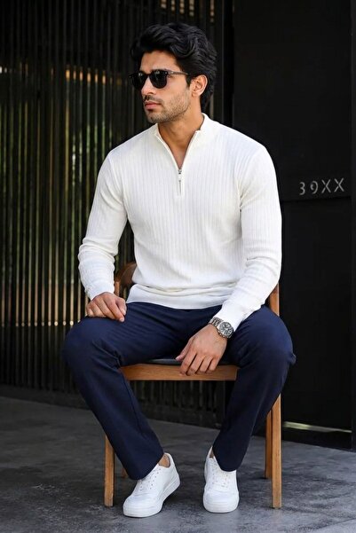 DAMGA JEANS Pulover de iarnă alb cu dungi, tricotaje premium pentru bărbați